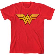 Give your young Wonder Woman fan a fun way to show their fandom with this  T-shirt. It features bold graphics across the front and a comfortable crew neck design. This Wonder Woman tee will quickly become a staple in your kiddo's wardrobe. Logo Woman, Amazon Warrior, Woman Logo, Wonder Woman Logo, Red T, Classic Logo, Red Tshirt, The Amazon, Neck Designs