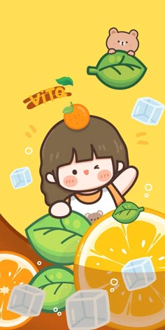 the girl is surrounded by oranges and ice cubes