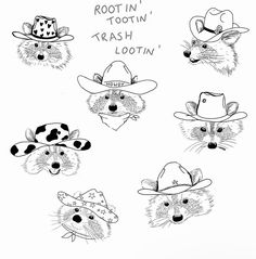 four different types of hats with the words rootin'trashin'written on them