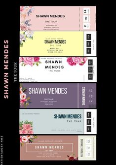 four tickets with flowers on them and the words shawn mendes in different languages