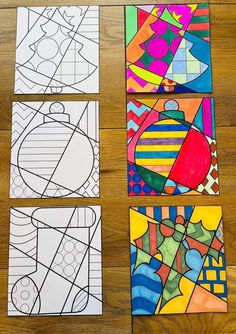 four different pieces of art that are on a wooden table and one has been cut into squares