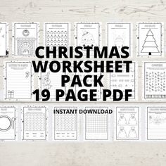 christmas worksheet pack with 19 page pages and the text, instant printable