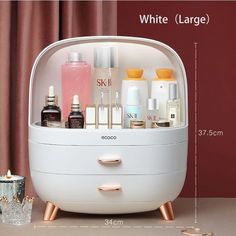 an image of a white storage case with cosmetics and bottles on it's side