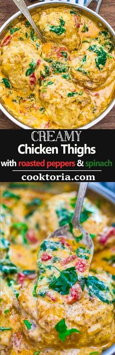 creamy chicken thighs with fresh spinach and potatoes in a skillet