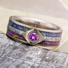 Meteorit Wedding Band with Turquoise and Alexandrite Vintage Wedding Bands, Gibeon Meteorite, Alexandrite Jewelry, Meteorite Jewelry, Engraving Fonts, Color Lab, Vintage Wedding Band, Purple Guy, Garnet Ring