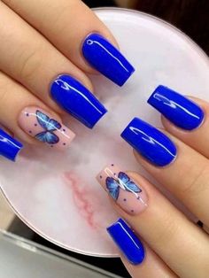 Butterfly Nail Designs, Gel Nail Art Designs, Fancy Nails Designs, Cute Acrylic Nail Designs, Her Nails, Pretty Nail Art Designs, Blue Nail Designs, Blue Nail, Fake Nail