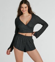 Settle in for a chill night in this cute long-sleeved pajama top! Made with an ultra-soft and stretchy ribbed knit fabric, it has a lightweight feel for ultimate comfort. The top features a V-neckline with a stylish wrap-front design, long fitted sleeves with slit hems for a trendy detail, and a fitted cropped hem. Complete your cozy 'fit with the matching pajama shorts! Shop Matching Bottoms: Keep It Chill High Waist Ribbed Knit Pajama ShortsFit & FeaturesSoft and stretchy ribbed knit fabricV-neckline with surplice designLong fitted sleeves with slit hemsFitted cropped hemRuns true to size Orange Homecoming Dresses, Chill Night, Purple Homecoming Dress, Backless Dress Short, Long Sleeve Bandage Dress, Matching Pajama, Green Homecoming Dresses, Lace Dress Styles, White Homecoming Dresses