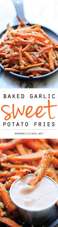 baked garlic sweet potato fries on a plate with ranch dip in the middle and text overlay that reads baked garlic sweet potato fries