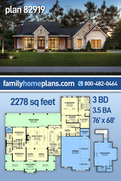 two story house plan with 3 beds, 2 baths and an open floor plan in the front