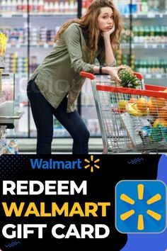 a woman pushing a shopping cart through a store with the walmart logo on it