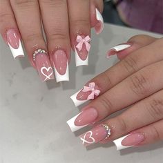 Bow Nail Designs, White French Nails, Fake Nails White, Valentine Nails, Manicure Tips, Coffin Press On Nails