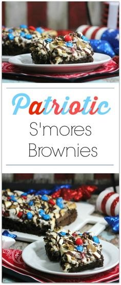 patriotic s'mores brownies on plates with red, white and blue decorations