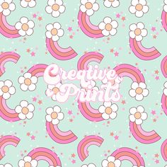 the words creative prints are surrounded by pink and white flowers on a blue background with stars