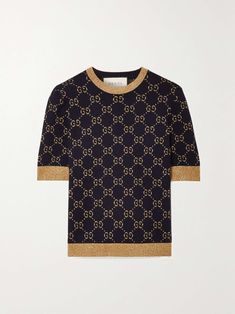 Shop GUCCI Metallic jacquard-knit cotton-blend sweater, Explore the latest GUCCI women's collection today on NET A PORTER Womens Gucci Sweater, Luxury Logo Print Sweater For Fall, Luxury Jacquard Knit Crew Neck Top, Black Luxury Jacquard Knit Sweater, Luxury Gucci Jacquard Knit Sweater, Fitted Designer Gucci Sweater, Designer Fitted Gucci Sweater, Luxury Gucci Tops For Winter, Gucci Luxury Tops For Winter