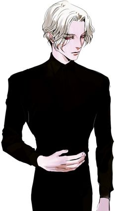 an anime character with white hair wearing a black shirt and pants, holding his hands on his stomach