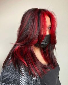 Black Hair With Red Highlights Layers, Black Hair With Red Highlights Bangs, Bright Red Hair Highlights, Red Vivid Hair, Cherry Red Hair With Black Highlights, Red Highlights In Brown Hair Layers, Bright Red Hair With Black Highlights, Black With Red Streaks, Red And Black Layered Hair