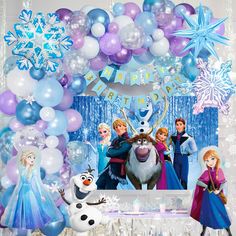 a frozen princess birthday party with balloons and decorations