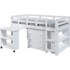 a white loft bed with drawers underneath it