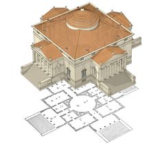 an architectural drawing of a building with a dome on the top and two stories below