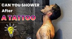 a man in the shower with tattoos on his chest and head, next to a lightbulb