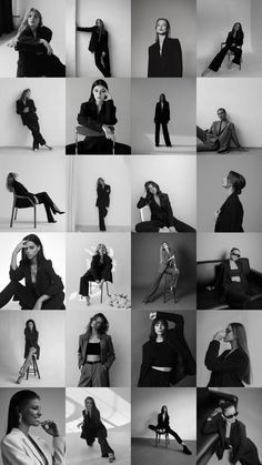 black and white photo collage of women in business attire sitting on chairs, posing for the camera