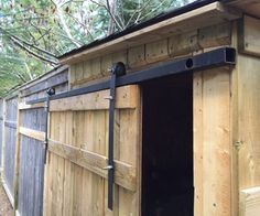 a small wooden shed with the door open