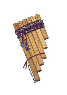 a drawing of a wooden instrument with strings and tassels on it's ends