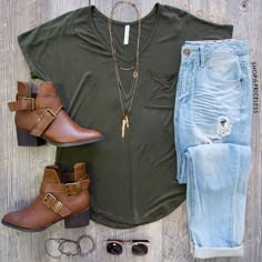 - Details - Size Guide - Model Stats - Contact Being basic doesn't have to be bad! This Nina Basic Top in olive will be a constant in your fall rotation. Featuring a soft, lightweight fabric, a V-neck Blazer Jeans, Brown Booties, Striped Jeans, Green Top, Washed Jeans, Look Chic