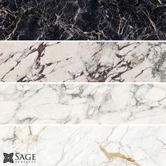 four different types of marble that are white, black, and grey with gold accents