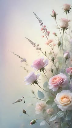 a bouquet of pink roses and lavender flowers on a pastel background with the sky in the background