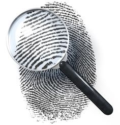 a magnifying glass over a black and white fingerprint pattern on a white background