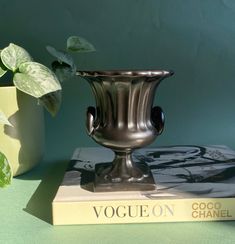 a silver vase sitting on top of a book next to a green potted plant