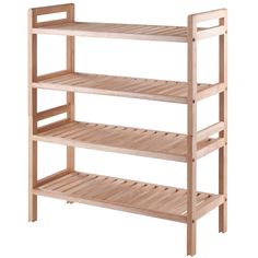 a wooden shelf with three shelves on each side