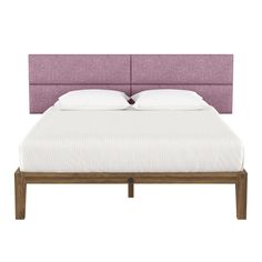 a bed with a purple headboard and two pillows on it's sides, in front of a white background