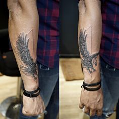 two pictures of the same person with tattoos on their arms and hands, one showing an eagle