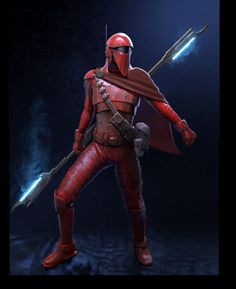 a star wars character holding two swords in his hand and wearing a red outfit with blue lights behind him