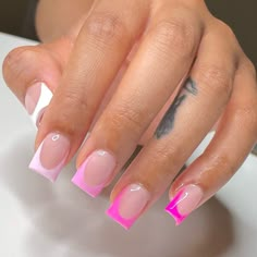 Different Color Pink French Tip Nails, Short Pink Nail Inspo Acrylic, Different Shade Of Pink Nails, Square Acrylic Nails French Tips Color, Different Shades Of Pink Nails Acrylic, Different Shades Of Pink Nails Short, Different Shade Nails, Shades Of Pink Nails Short, 5 Shades Of Pink Nails