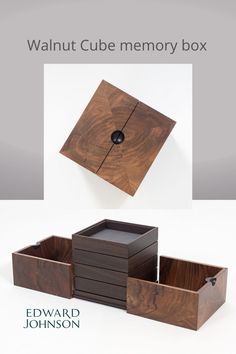 the walnut cube memory box is shown with its lid open and drawers closed to show it's contents