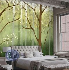 the bedroom is decorated with green trees and white furniture, while the wall paper has been painted