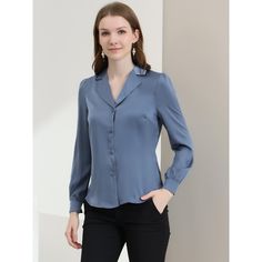 Complete your chic style with this satin button-up shirt. This satin button-up shirt features button cuffs and a notch collar perfectly. Pair it with jeans and work pants for your casual chic look. To create an elegant image with a classic design. Look smart and classic in this shirt finished with solid color fabric. With shiny and smooth fabric, this satin shirt makes you look elegant and romantic. Office Blouse With Hidden Button Closure, Office Button-up Blouse With Hidden Button Closure, Solid Color Blouse With Spread Collar And Button Closure, Satin Button-up Blouse, Satin Button-up Blouse For Work, Satin Button-up Shirt With Button Cuffs, Semi-formal Blouse For Office, Elegant Single-breasted Collared Shirt, Elegant Single Breasted Collared Shirt