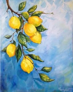 a painting of lemons hanging from a tree branch