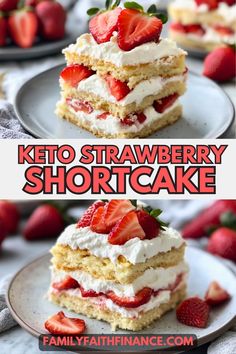 strawberry shortcakes stacked on top of each other with whipped cream and strawberries