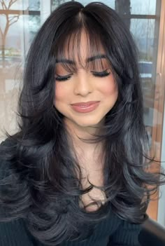 Layered Hair Medium With Long Bangs, Beautiful Layered Haircuts, Black Long Layered Hair With Bangs, 90s Haircut With Wispy Bangs, Long Layers With French Bangs, Long Black Hair With Layers Round Faces, Long Black Hair With Layers And Bangs, Short Layered Haircuts On Long Hair, Bangs With Butterfly Haircut