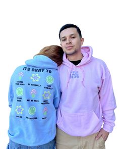 Light pink sweatshirt with front and back graphic Our standard hoodie style 50% pre-shrunk cotton, 50% polyester Double-lined hoodie with matching drawcord Front pouch pocket Standard length Estimated delivery date based on location as shown Light Pink Sweatshirt, Light Blue Sweatshirt, Hoodie Style, Lined Hoodie, Love Club, Blue Sweatshirt, Pink Sweatshirt, Its Okay, Pocket Pouch