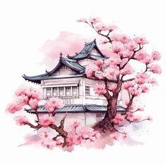 a watercolor painting of a tree with pink flowers in front of a white building