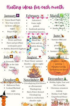 Hosting Activities, Monthly Bucket List, Freetime Activities, Hosting Ideas, Dinner Party Themes, Cute Date Ideas, Friend Activities, Planner Pdf, Fun Family Activities