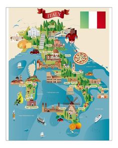 an illustrated map of italy with all the major cities and towns in each country's capital