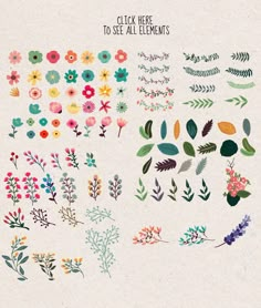 an assortment of flowers and leaves with the words, click here to see all elements