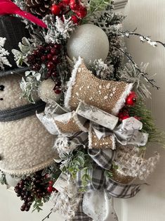 a snowman wreath is hanging on the front door