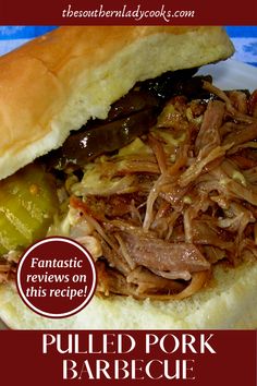 pulled pork sandwich with pickles and jalapenos on the side is featured in this recipe